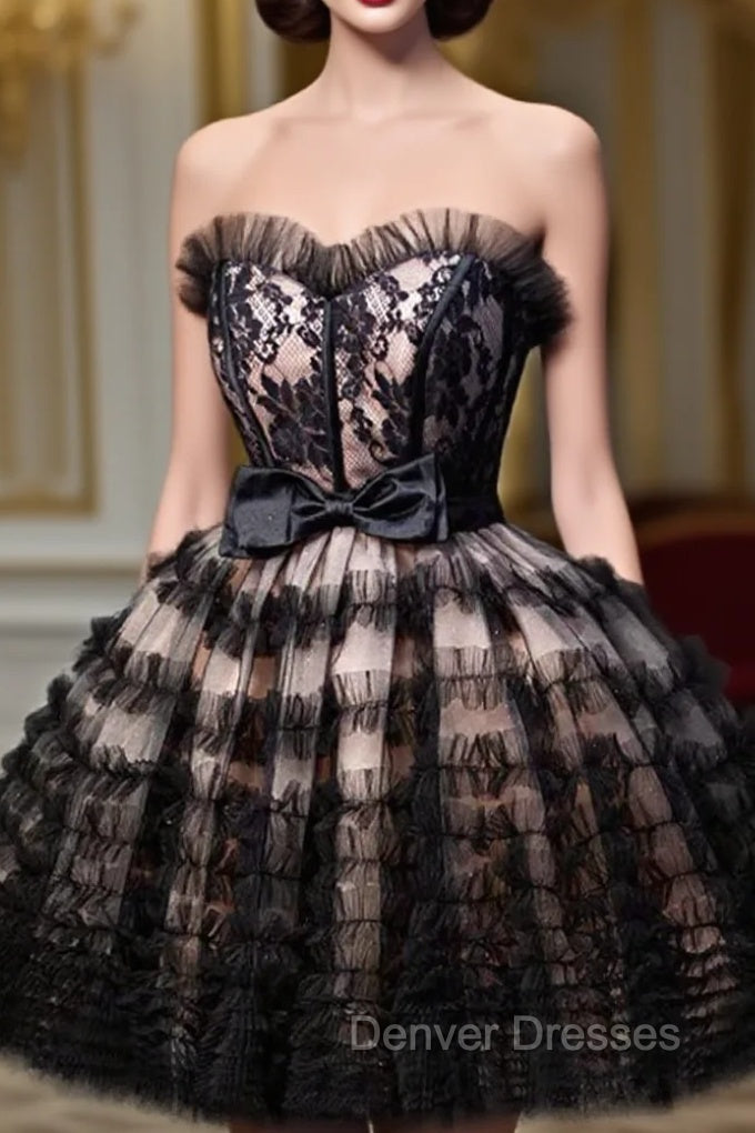 Black Tulle Lace Short Prom Dress, A-Line Black Homecoming Dress Main image