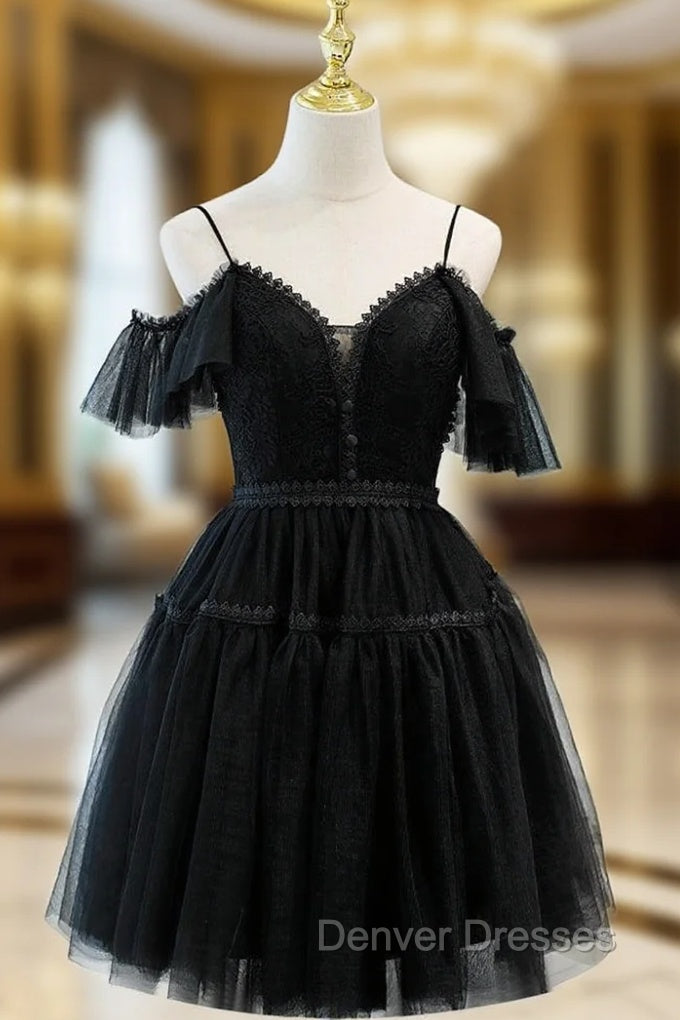 Black Tulle Lace Spaghetti Straps Button Homecoming Dress Main image