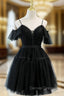 Black Tulle Lace Spaghetti Straps Button Homecoming Dress