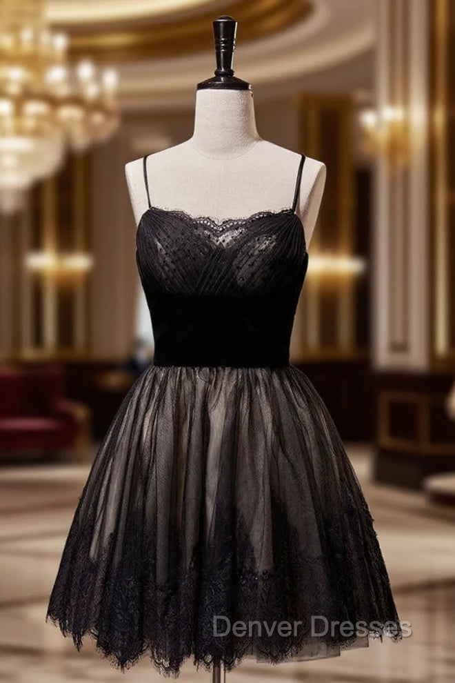 Black Tulle Lace Spaghetti Straps Homecoming Dress Main image