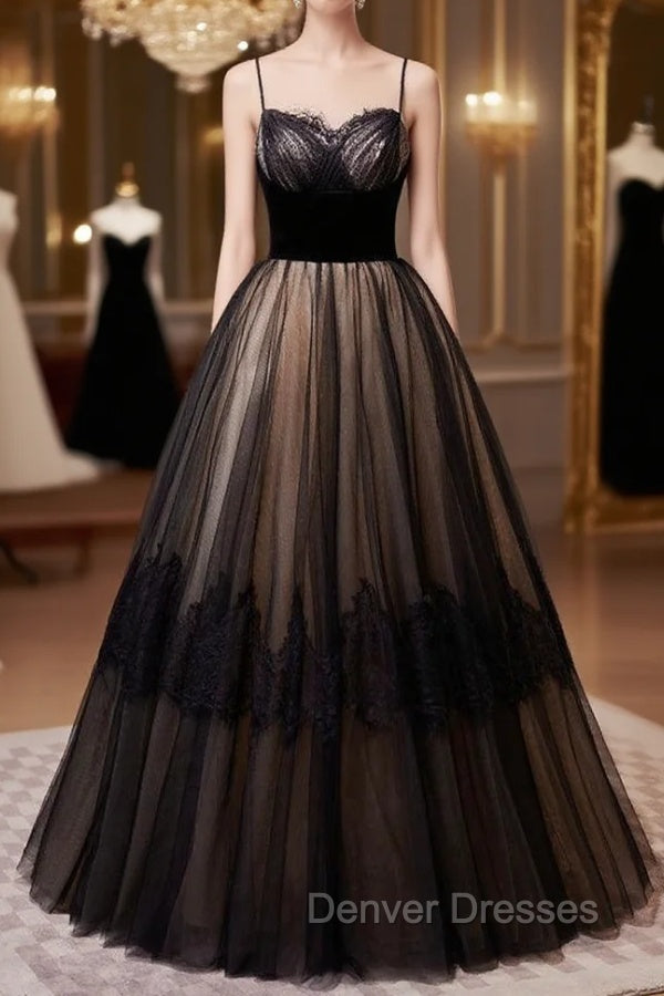 Black Tulle Lace Spaghetti Straps Prom Dress Main image