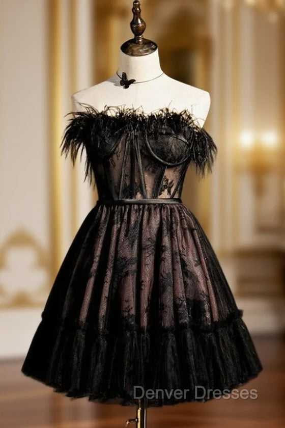 Black Tulle Lace Strapless Feather Homecoming Dress