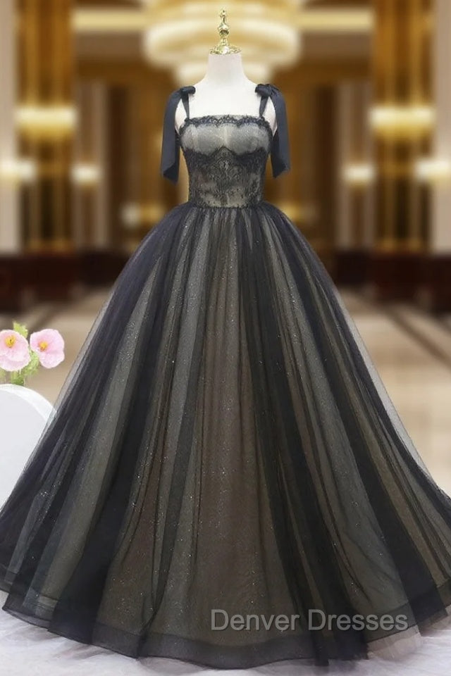 Black Tulle Lace Straps Prom Dress