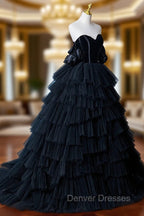 Black Tulle Layers Long Formal Dress, Black A-Line Strapless Evening Dress