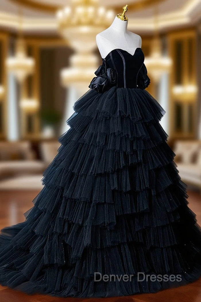 Black Tulle Layers Long Formal Dress, Black A-Line Strapless Evening Dress