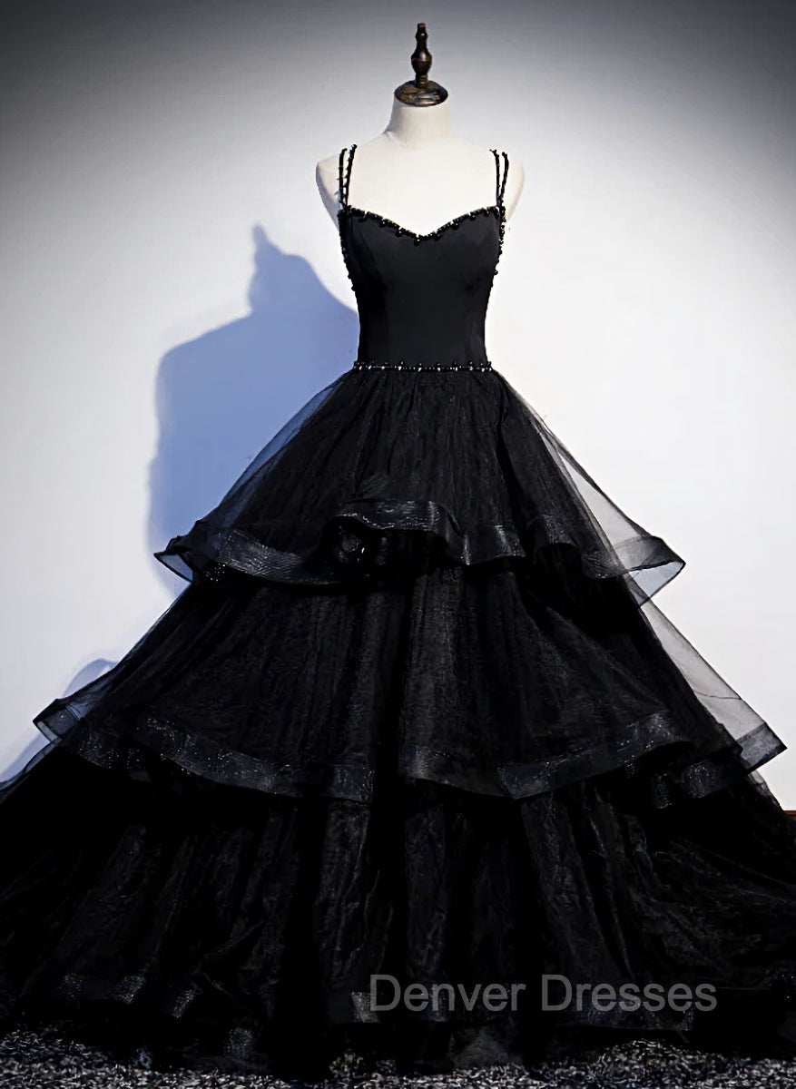 Black Tulle Layers Straps Beaded Long Evening Dress, Black Formal Dress Prom Dress Main image