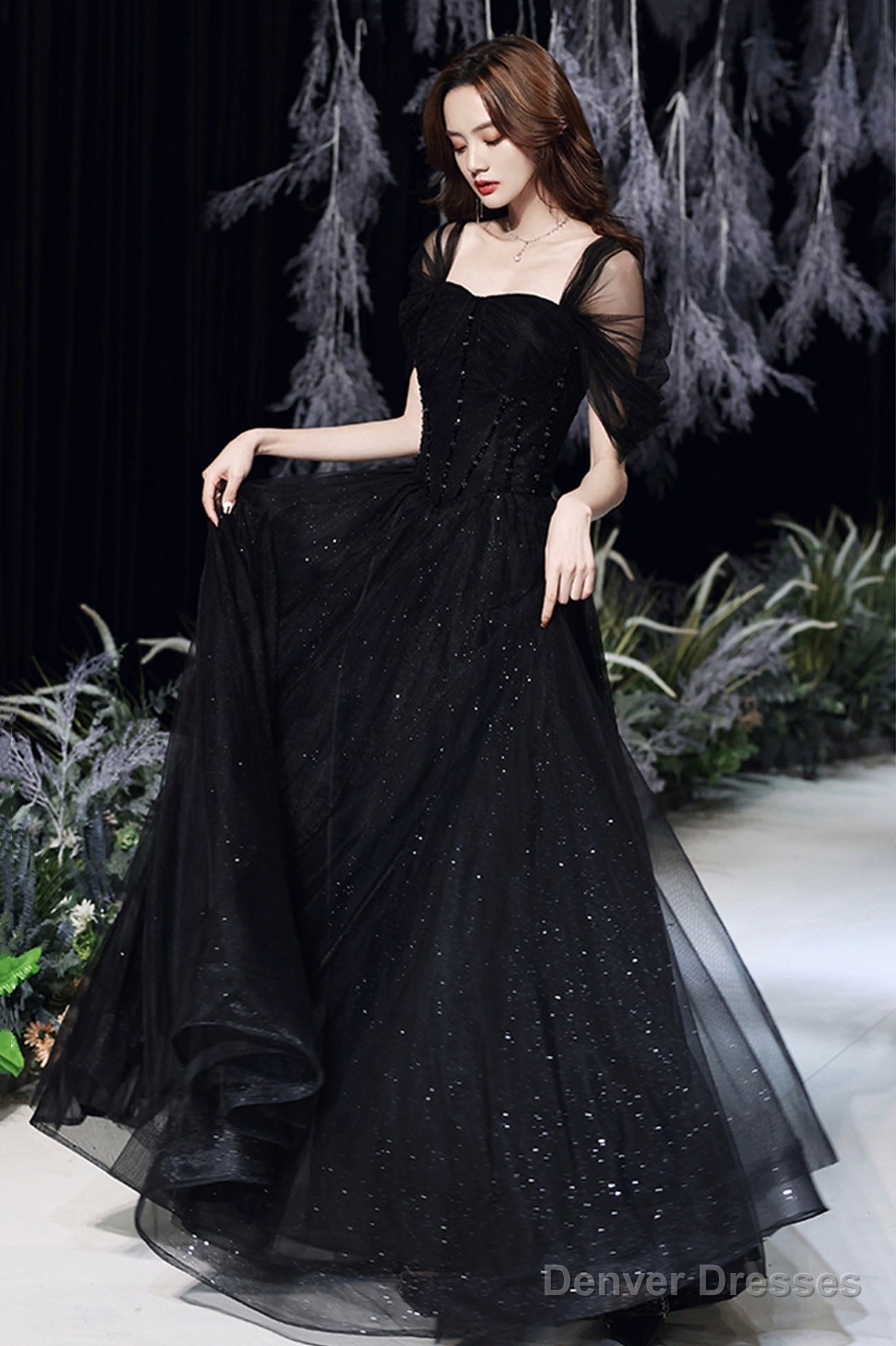 Black Tulle Long A-Line Evening Dress, Black Sweetheart Neck Prom Dress Main image