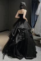 Black Tulle Long A-Line Prom Dress,Ball Dresses with Ruffles