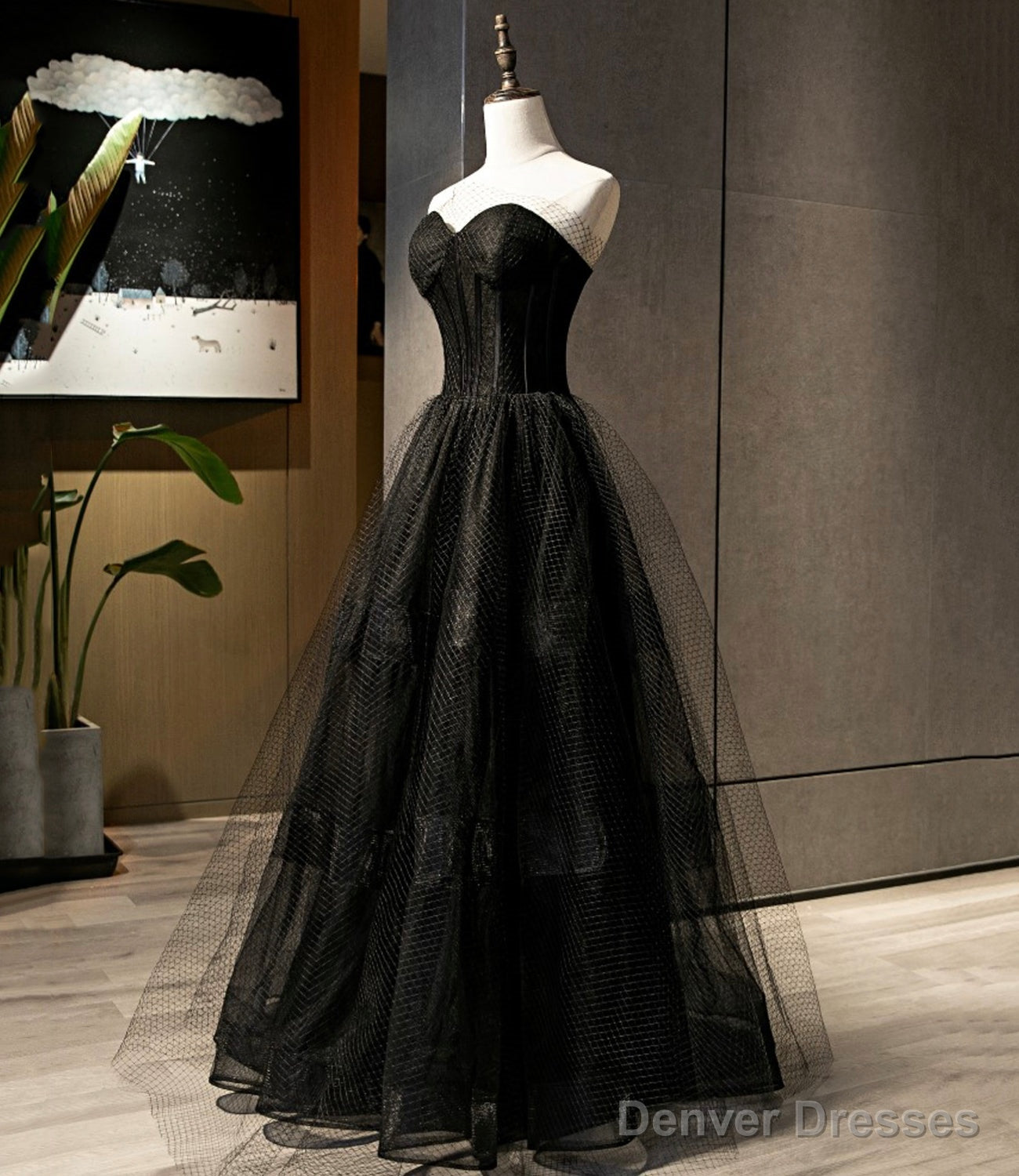 Black Tulle Long A Line Prom Dress Black Evening Dress