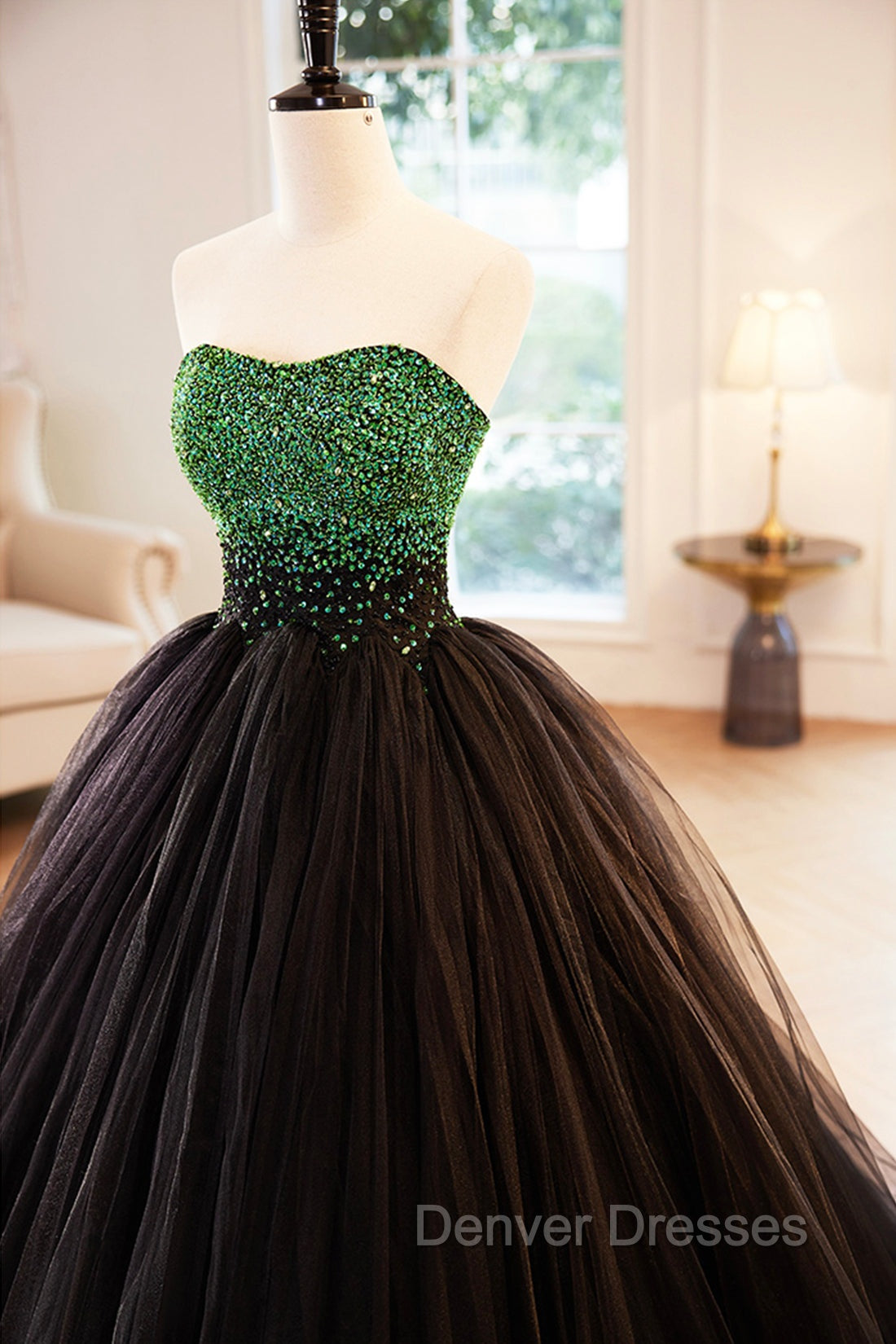 Black Tulle Long Formal Dress with Green Beaded, Black Strapless Prom Dress Secondary image