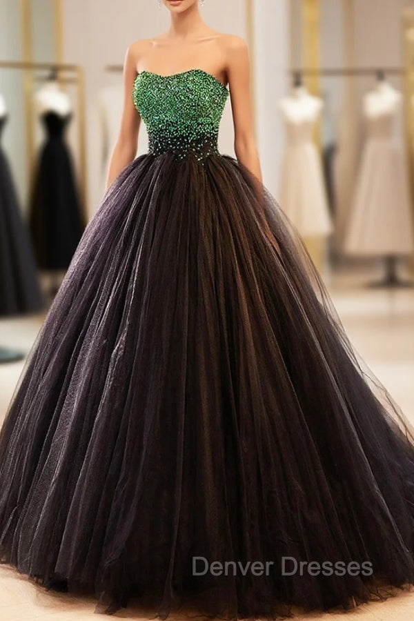 Black Tulle Long Formal Dress with Green Beaded, Black Strapless Prom Dress