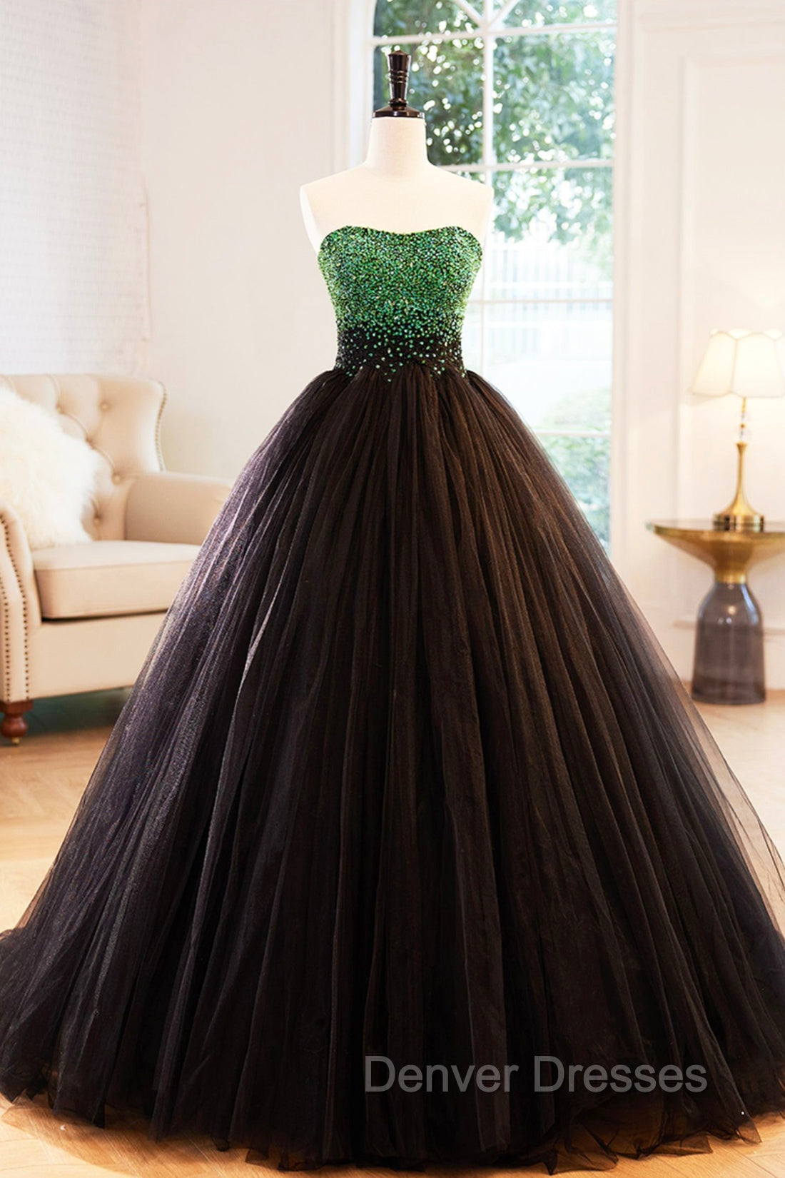 Black Tulle Long Formal Dress with Green Beaded, Black Strapless Prom Dress Main image