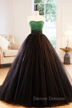 Black Tulle Long Formal Dress with Green Beaded, Black Strapless Prom Dress
