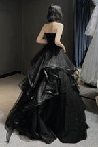 Black Tulle Layers Long A-Line Prom Dress, Black Strapless Evening Dress