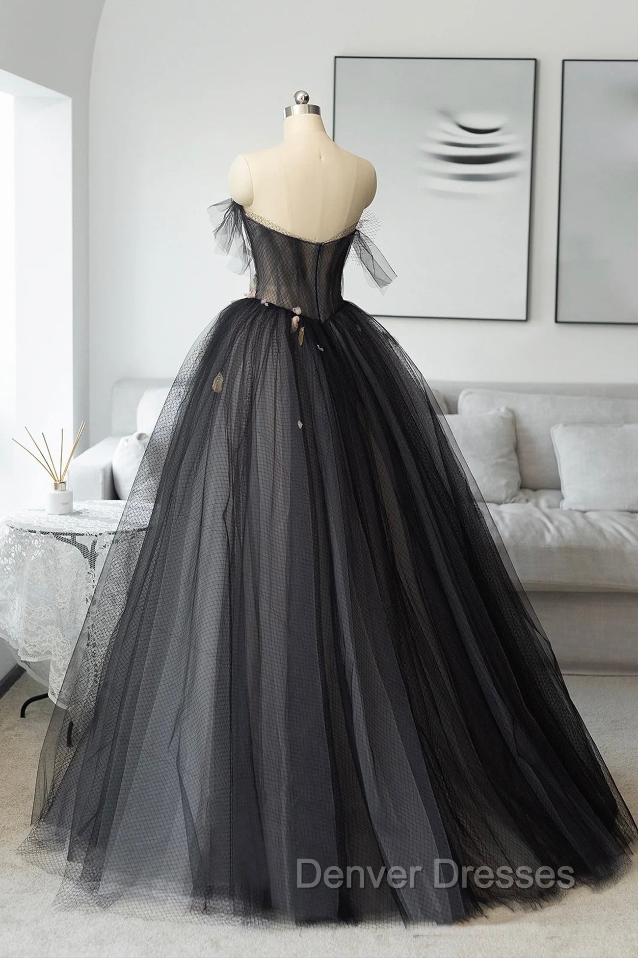 Black Tulle Long Prom Dress, Black A-Line Strapless Evening Dress