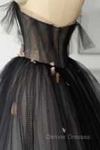 Black Tulle Long Prom Dress, Black A-Line Strapless Evening Dress