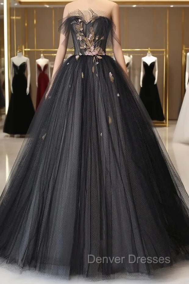 Black Tulle Long Prom Dress, Black A-Line Strapless Evening Dress Main image