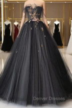 Black Tulle Long Prom Dress, Black A-Line Strapless Evening Dress