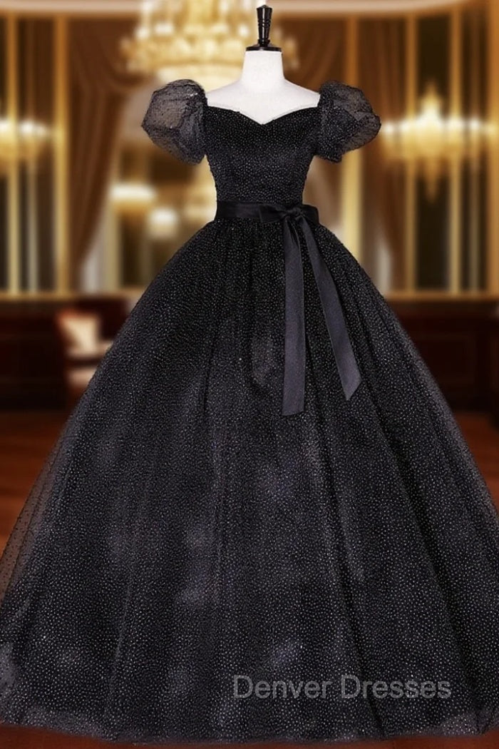 Black Tulle Long Prom Dress, Black Puff Sleeves Long Sweet 16 Dress