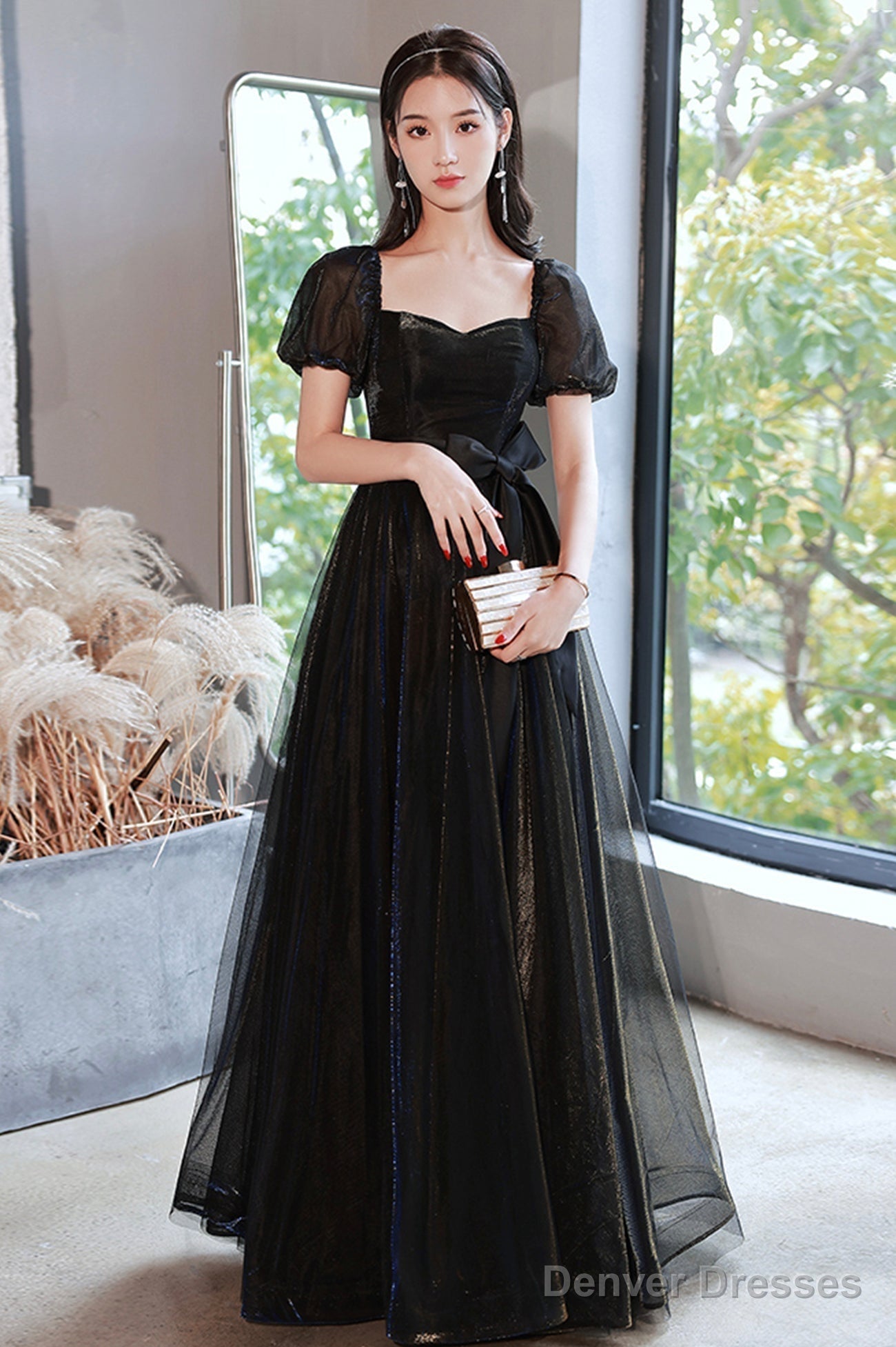 Black Tulle Long Prom Dress, Black Short Sleeve Graduation Dress Secondary image