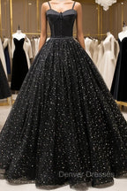 Black Tulle Long Prom Dress, Black Spaghetti Straps Formal Evening Gown