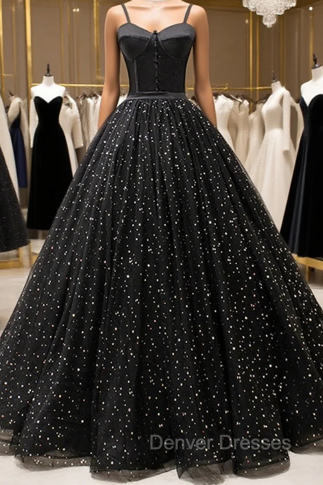 Black Tulle Long Prom Dress, Black Spaghetti Straps Formal Evening Gown