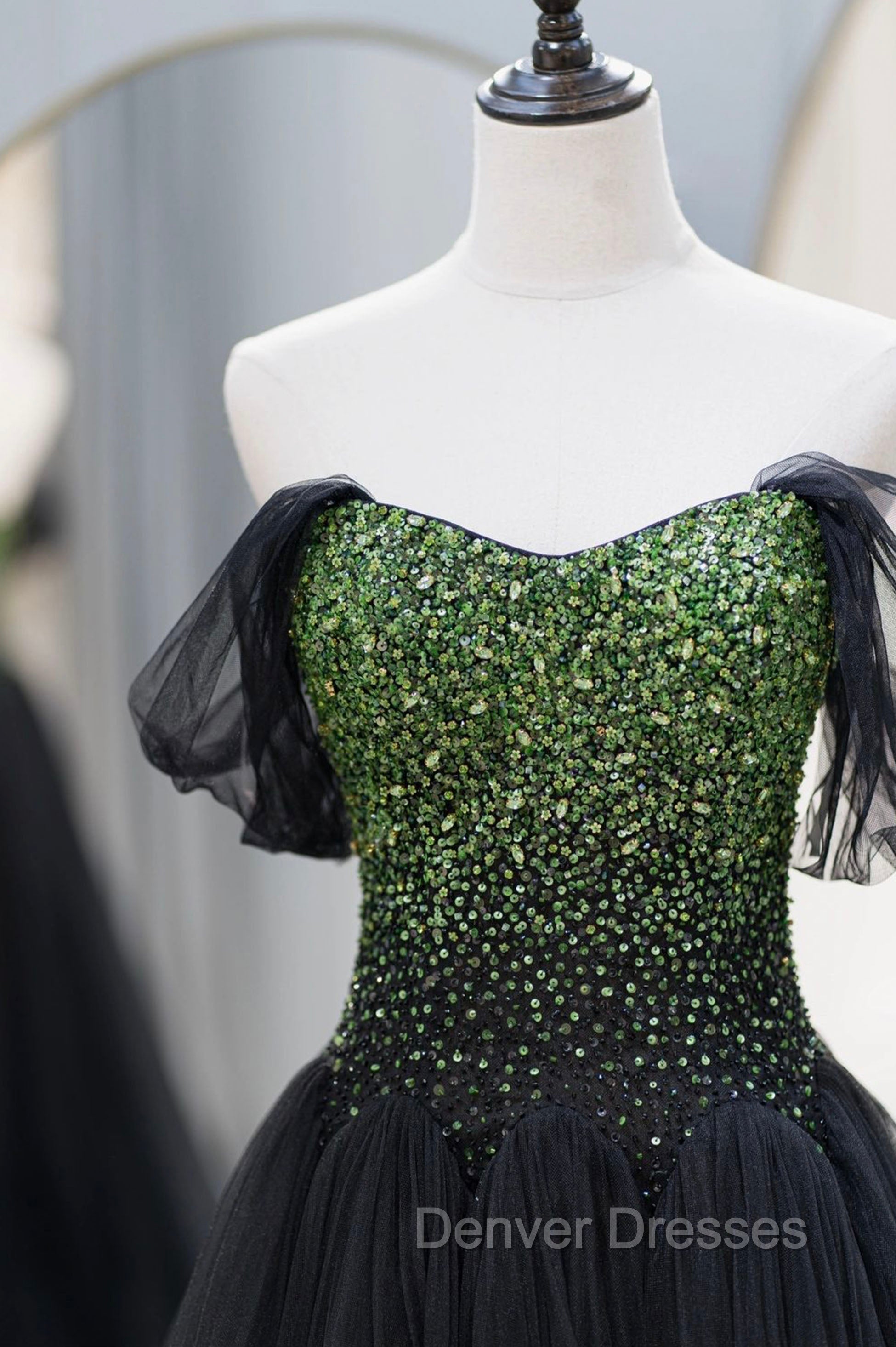 Black Tulle Long Prom Dress with Beaded, Off the Shoulder Formal Evening Dress Secondary image