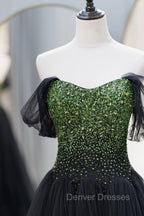 Black Tulle Long Prom Dress with Beaded, Off the Shoulder Formal Evening Dress