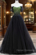 Black Tulle Long Prom Dress with Beaded, Off the Shoulder Formal Evening Dress