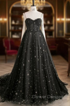 Black Tulle Long Prom Dress with Stars, Cute Spaghetti Straps Graduation Dress