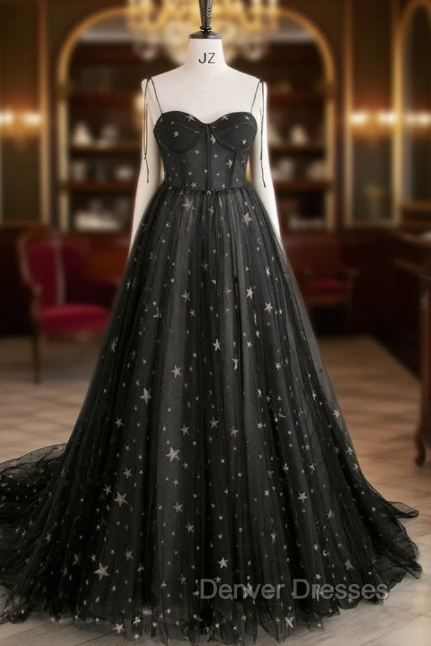 Black Tulle Long Prom Dress with Stars, Cute Spaghetti Straps Graduation Dress