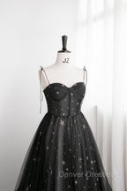 Black Tulle Long Prom Dress with Stars, Cute Spaghetti Straps Graduation Dress