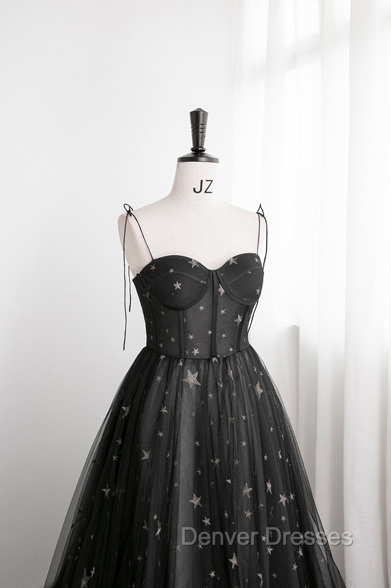 Black Tulle Long Prom Dress with Stars, Cute Spaghetti Straps Graduation Dress