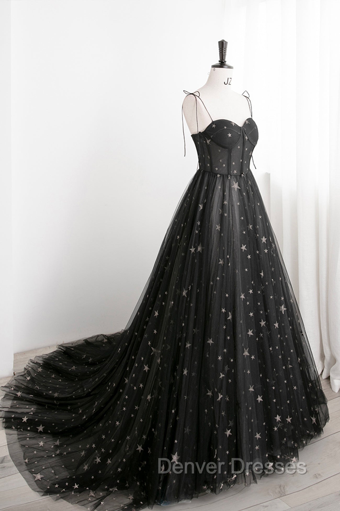 Black Tulle Long Prom Dress with Stars, Cute Spaghetti Straps Graduation Dress Main image