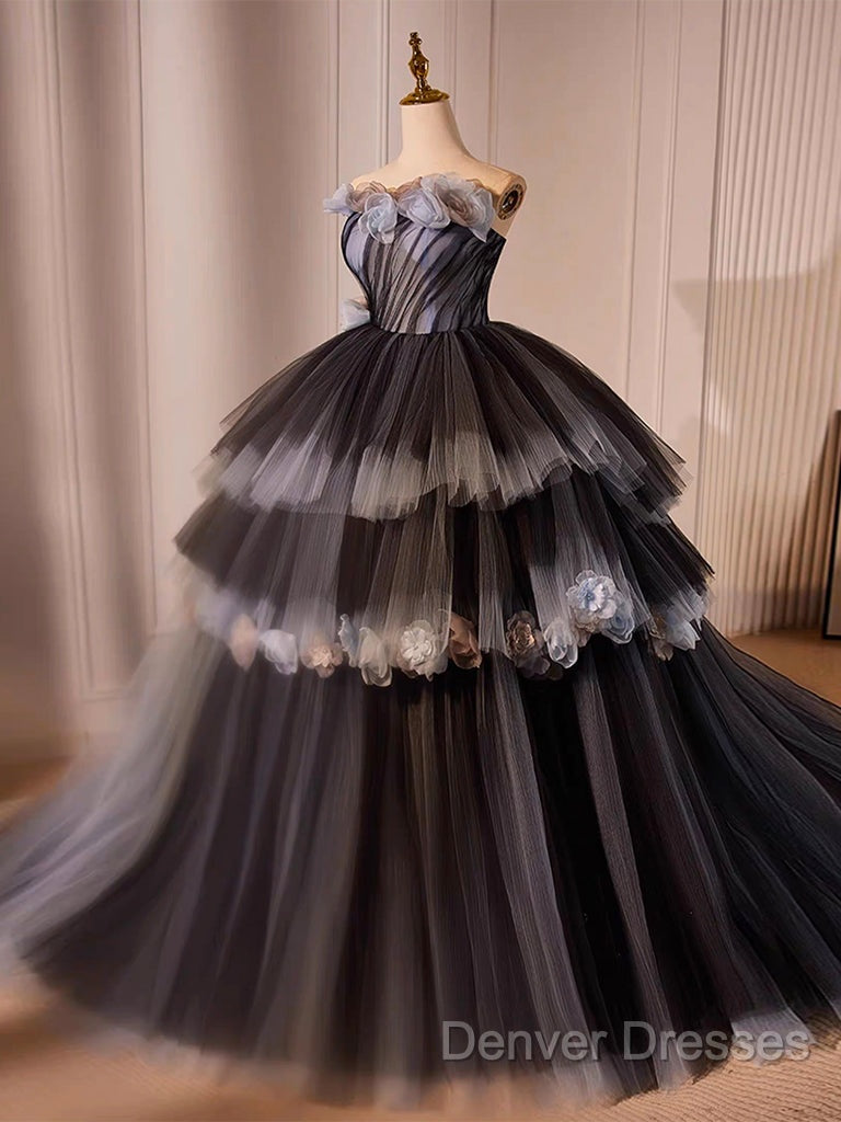 Black Tulle Long Prom Gown, Black Tulle Evening Dress