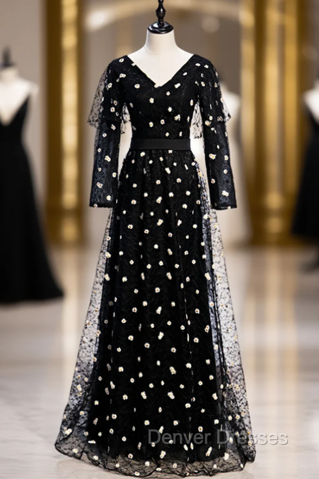Black Tulle Long Sleeve V-neck Little Daisy Prom Dress
