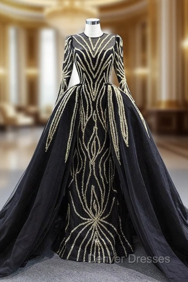 Black Tulle Mermaid Long Sleeve Beading Sequins Prom Dress With Detachable Train Main image