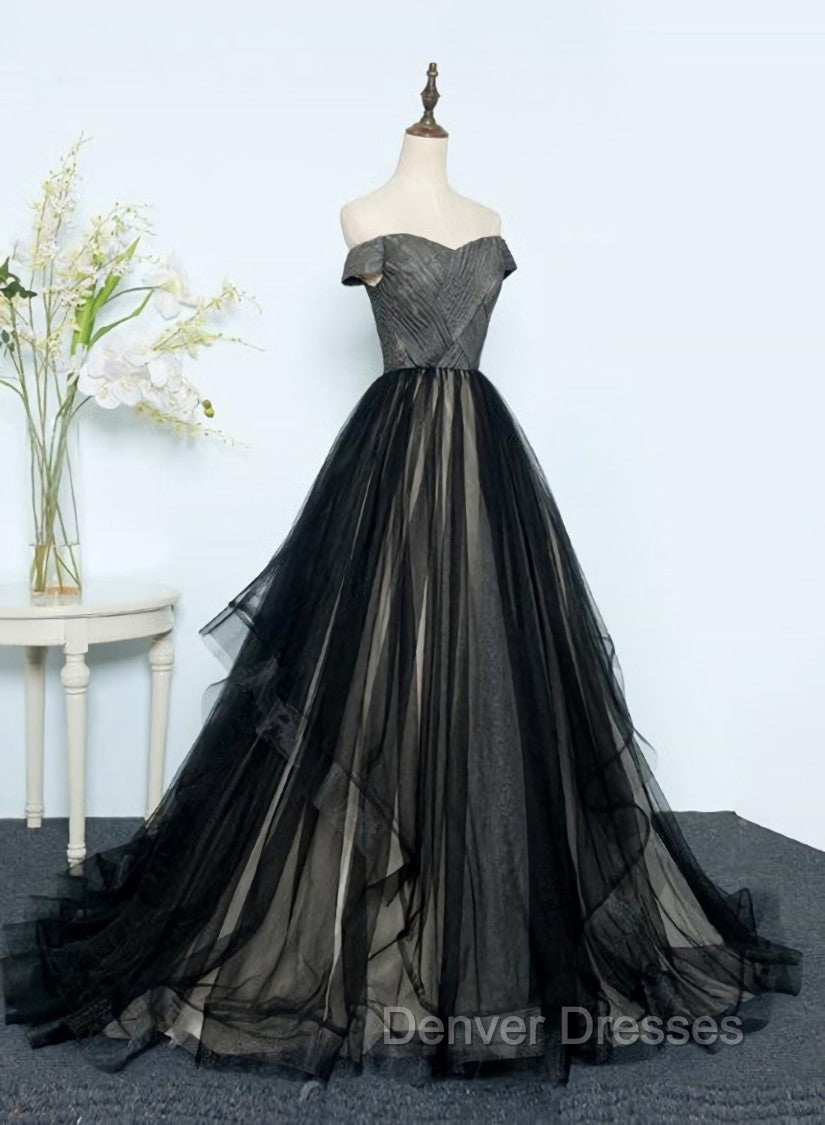Black Tulle Off Shoulder Floor Length Gown, Black Evening Dress Main image