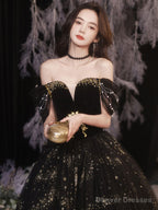 Black Tulle Off Shoulder Long Prom Dress, Black Tulle Formal Dress