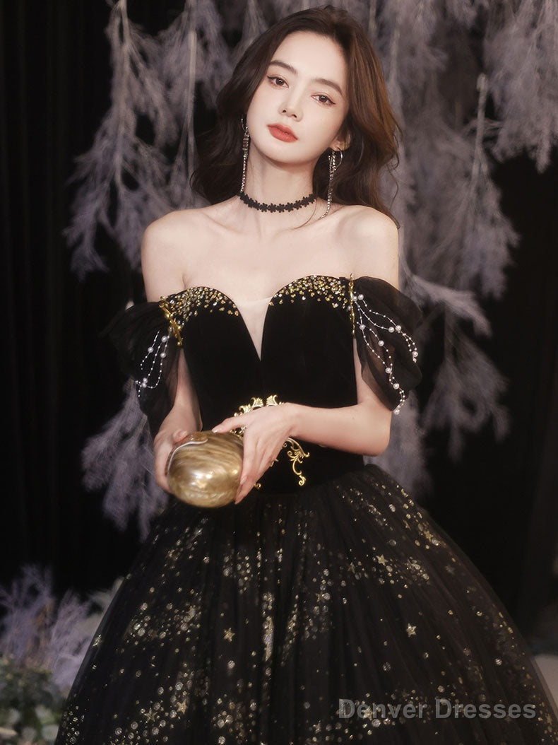 Black Tulle Off Shoulder Long Prom Dress, Black Tulle Formal Dress