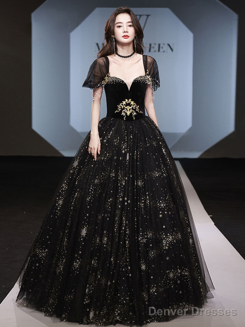 Black Tulle Off Shoulder Long Prom Dress, Black Tulle Formal Dress