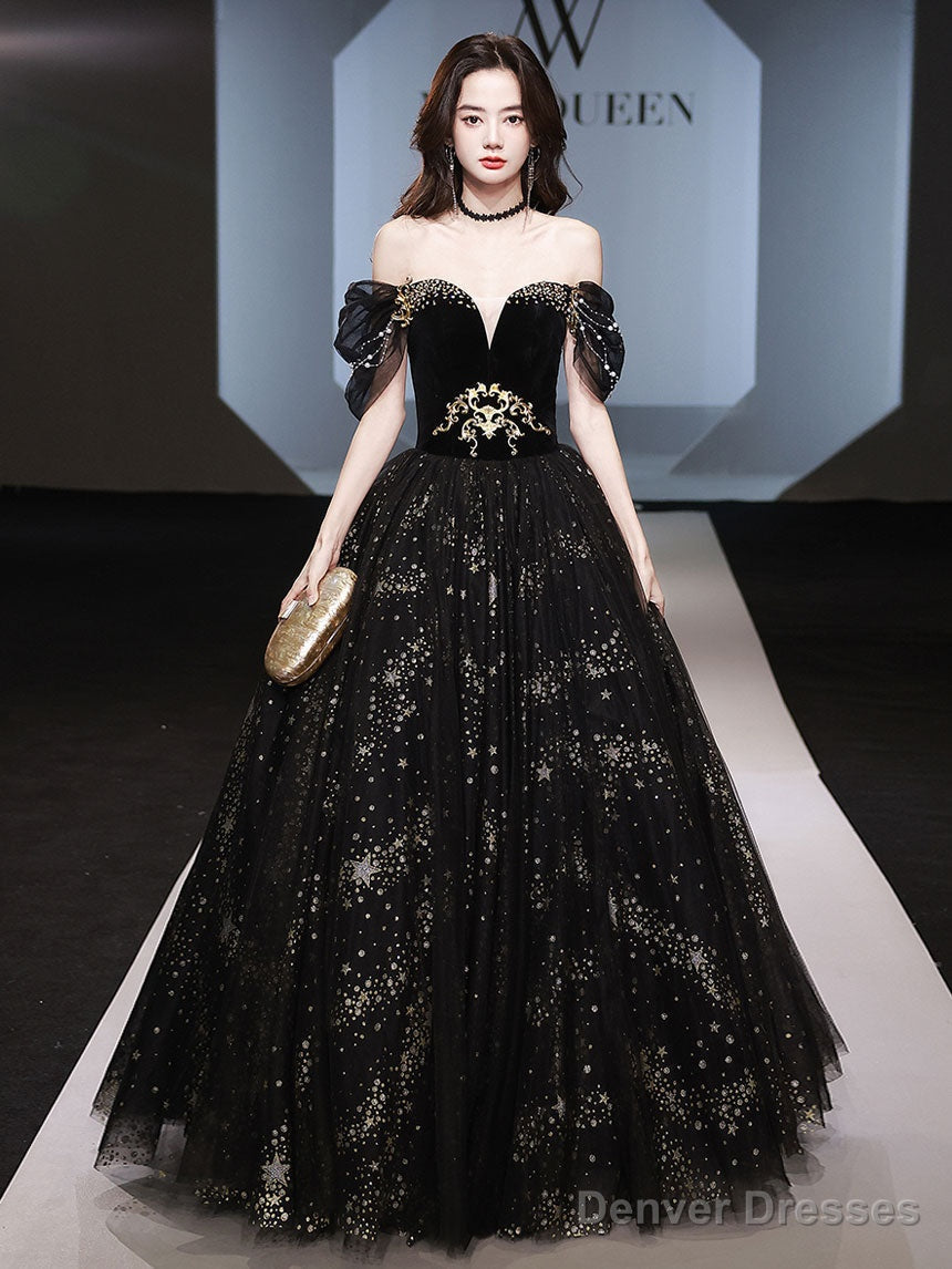 Black Tulle Off Shoulder Long Prom Dress, Black Tulle Formal Dress Main image