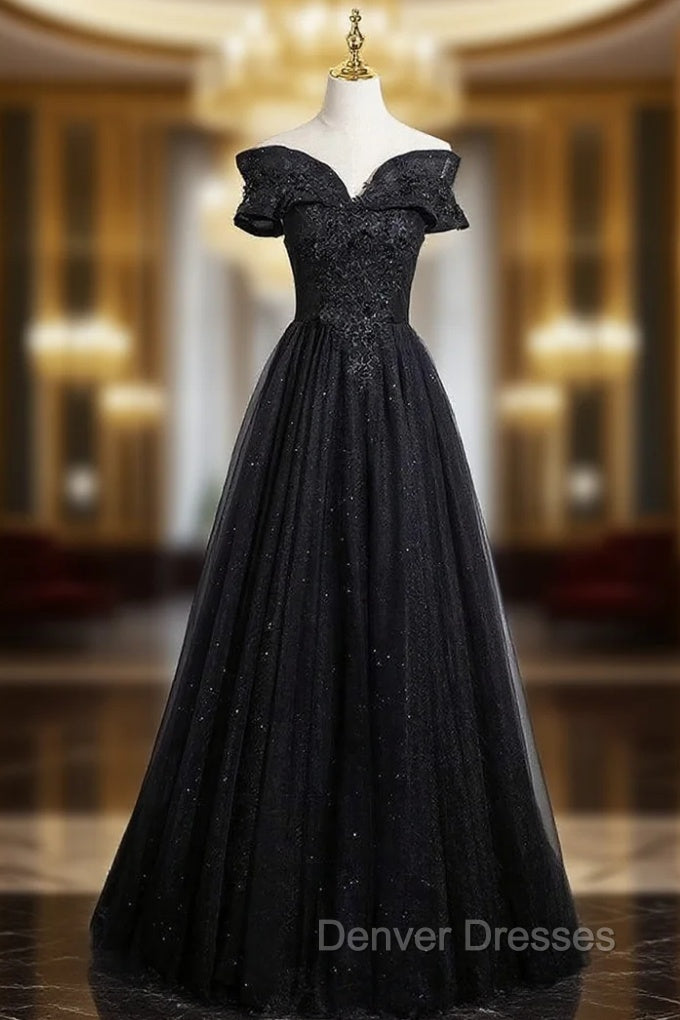 Black Tulle Off the Shoulder Appliques Prom Dress Main image