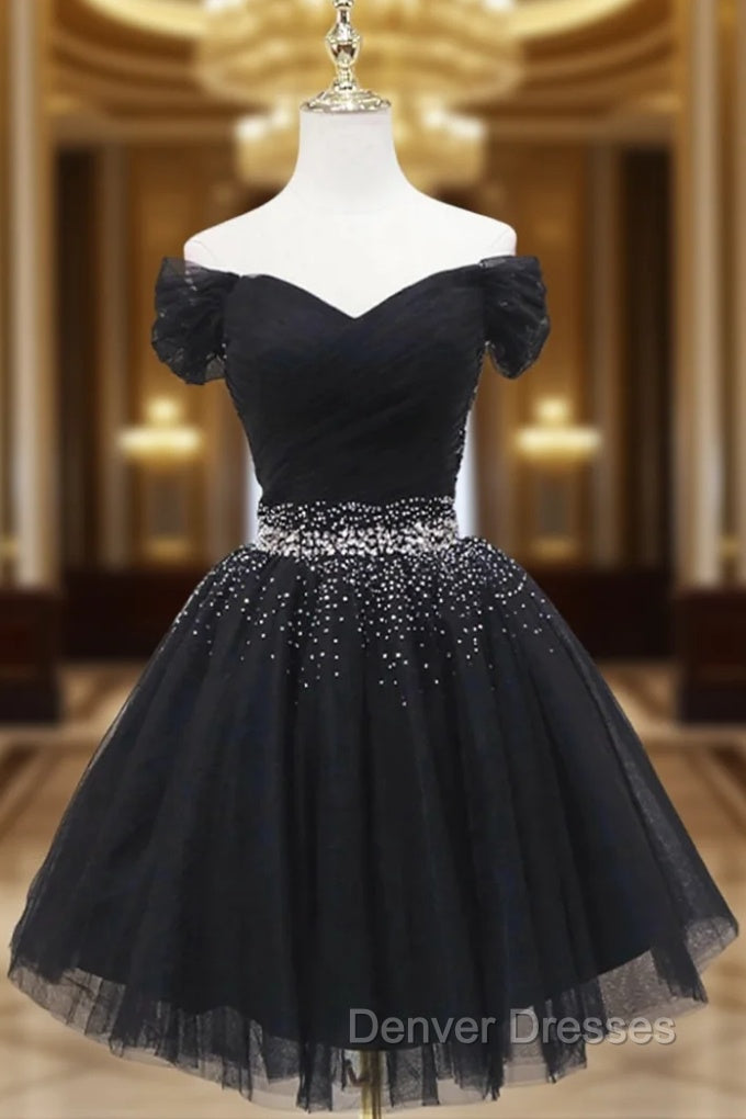Black Tulle Off the Shoulder Pleats Beading Homeocming Dress Main image