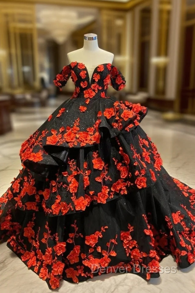 Black Tulle Off the Shoulder Red 3D Appliques Prom Dress Main image