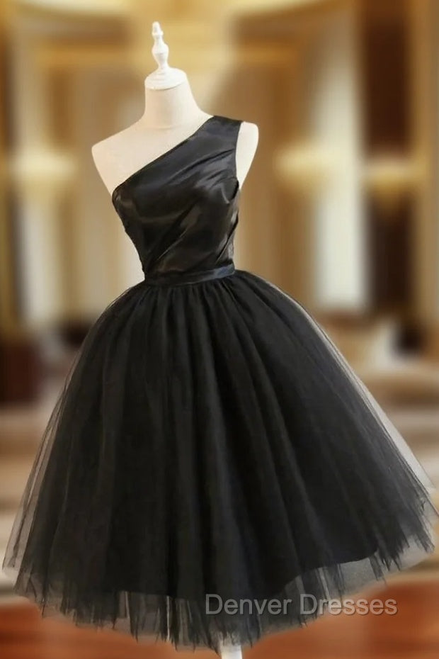 Black Tulle One Shoulder Elegant Tea Length Party Dress, Black Formal Dress Main image