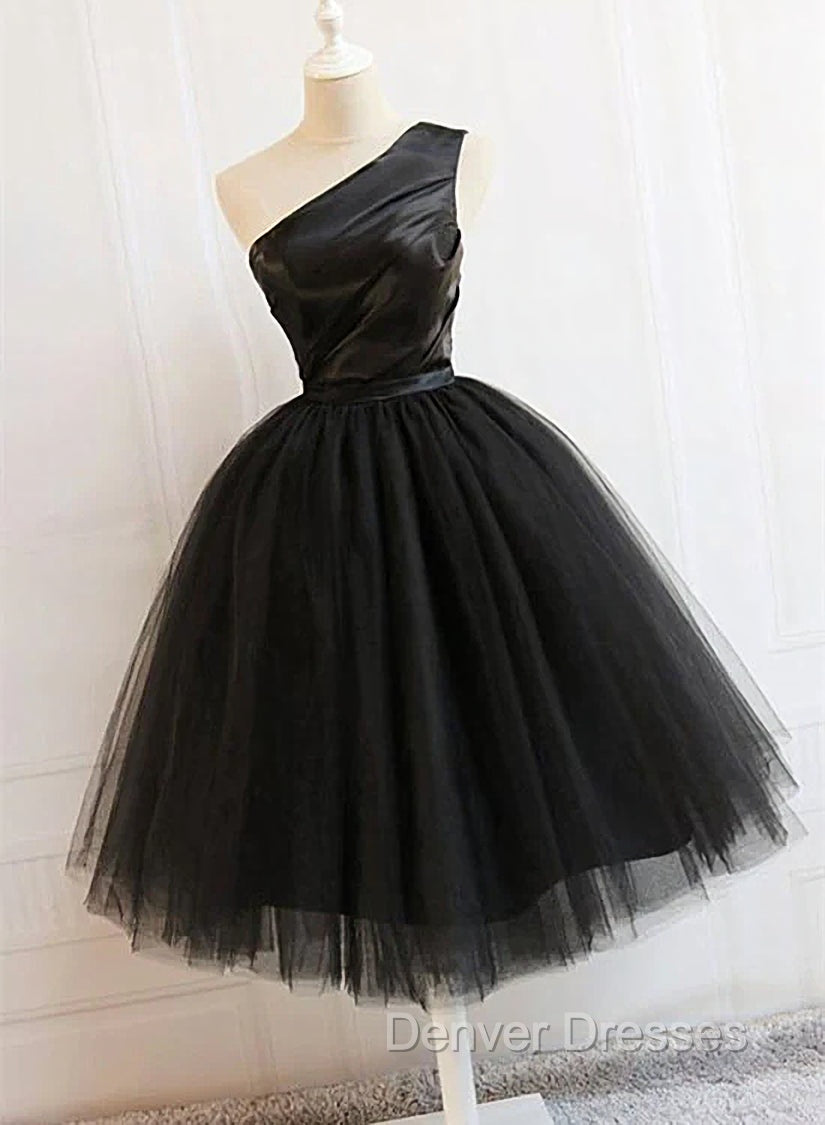 Black Tulle One Shoulder Elegant Tea Length Party Dress, Black Formal Dress Secondary image