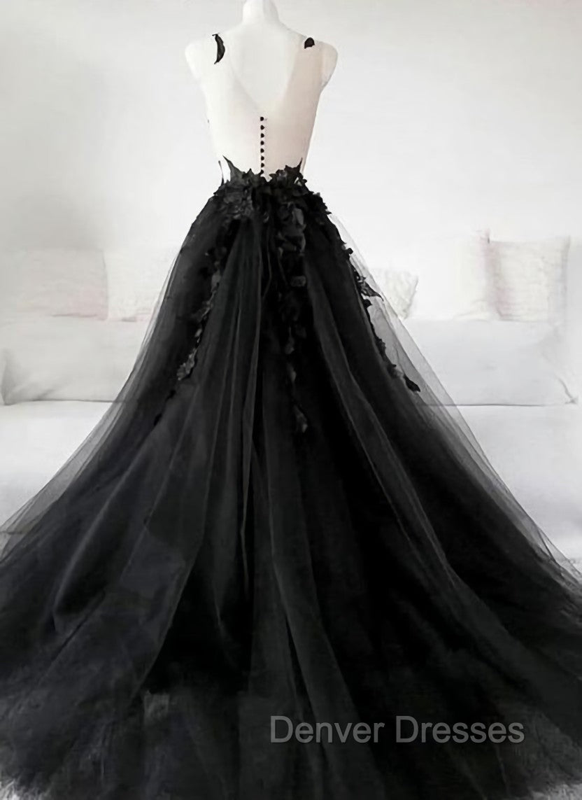 Black Tulle Party Dress with Lace Long Prom Dress, Pretty Black Evening Dress Secondary image