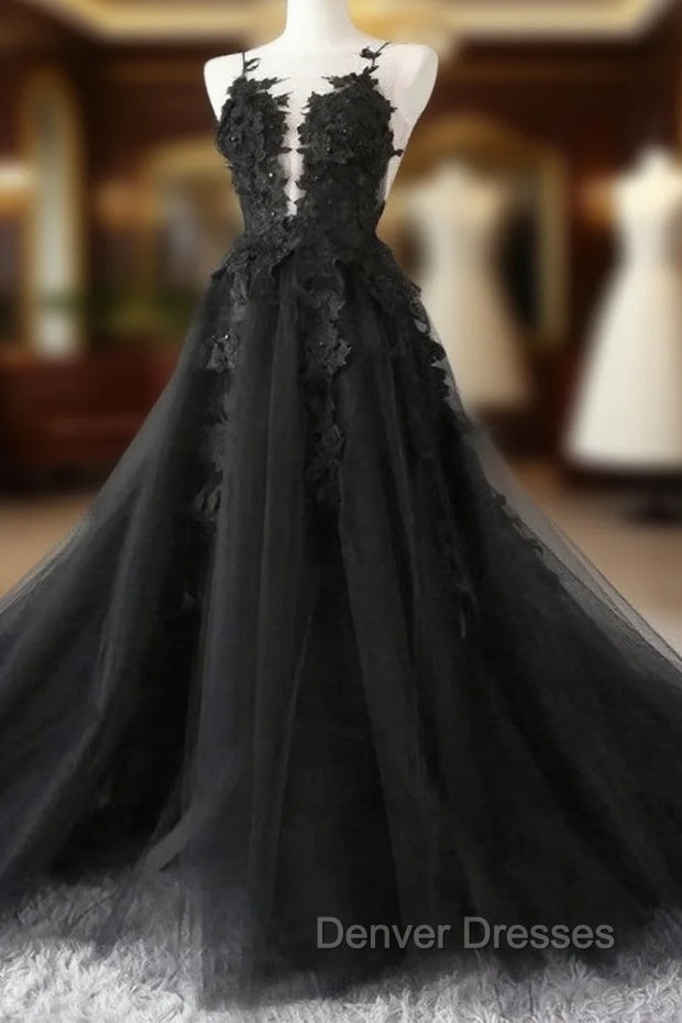 Black Tulle Party Dress with Lace Long Prom Dress, Pretty Black Evening Dress Main image