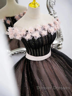 Black Tulle & Pink Flowers Sparkle Prom Dress